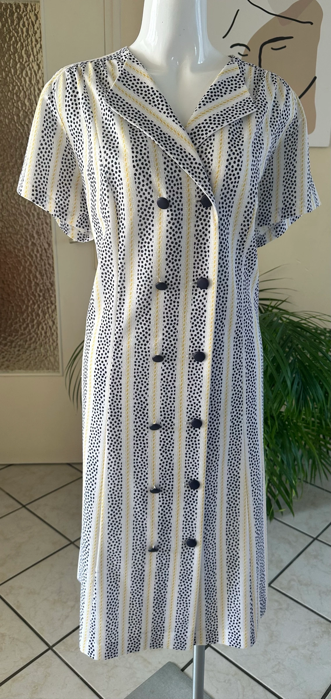 Vestido vintage estampado azul-marinho e amarelo tamanho 44/46 – Condição impecável – photo 7